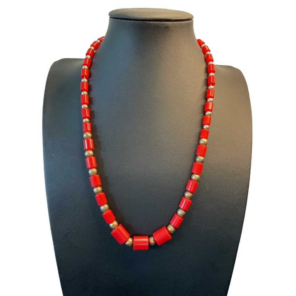 Vintage Red & Silver Beaded Necklace Retro Jewelry